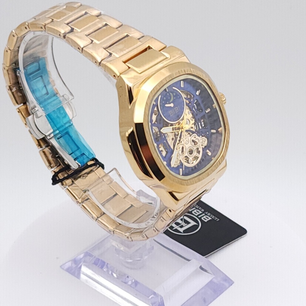 BIBI Automatic Skeleton Watch Men's Gold Tone Blue Dial 42mm Box New Luxury - Picture 16 of 17